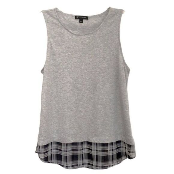 INC International Concepts Gray Sleeveless Top Plaid Hem Women's Large L NEW - Picture 2 of 7